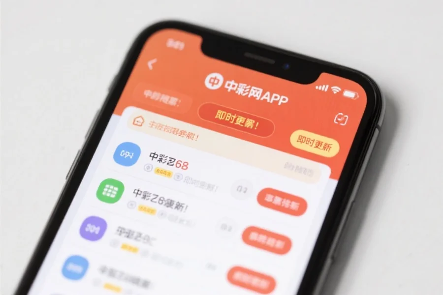 手机屏幕特写，显示中彩网APP的开奖结果列表和即时更新提示，界面简洁明了