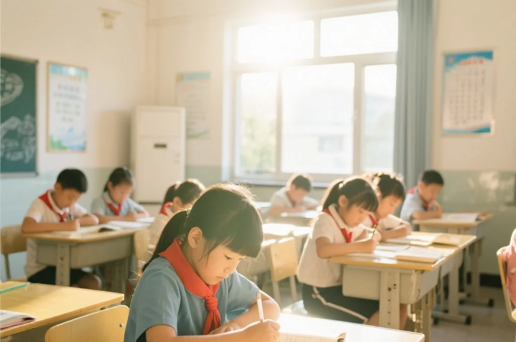 一群小学生在明亮的教室里认真学习，窗外阳光灿烂，气氛积极向上，象征着希望与未来
