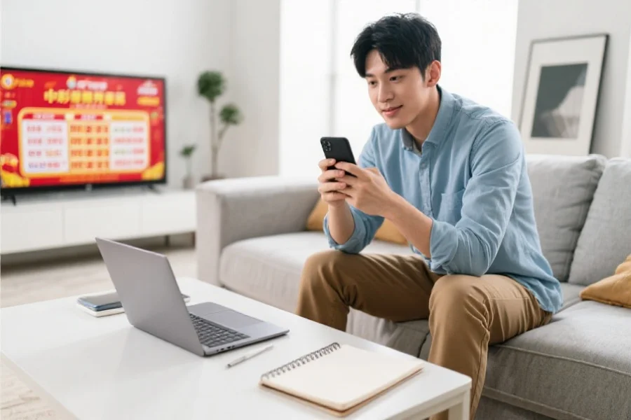 年轻人坐在现代化客厅，手持手机正在浏览中彩网开奖公告，旁边有笔记本电脑和记事本